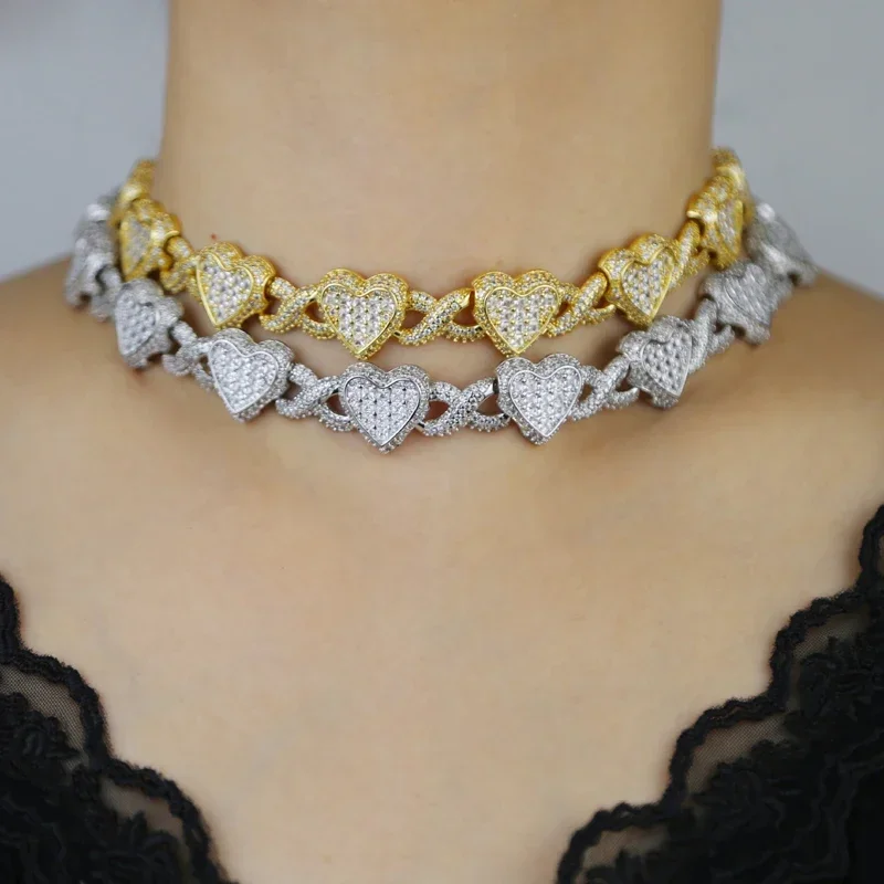 2025 Iced Out Bling Full Paved 5A Cubic Zirconia CZ Heart Charm Infinity Chain Choker Necklace Jewelry For Women Men