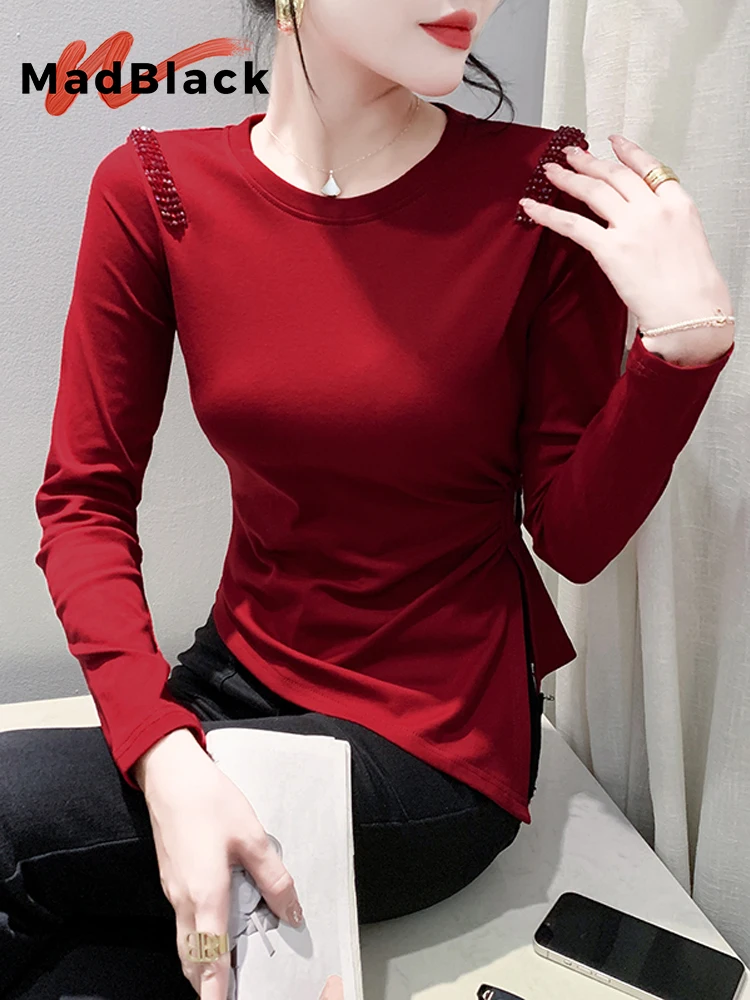 

MadBlack European Clothes T-Shirts Women Sexy Irregular Diamonds Slim Cotton Tops Long Sleeves Tees New Autumn Winter T39463JC