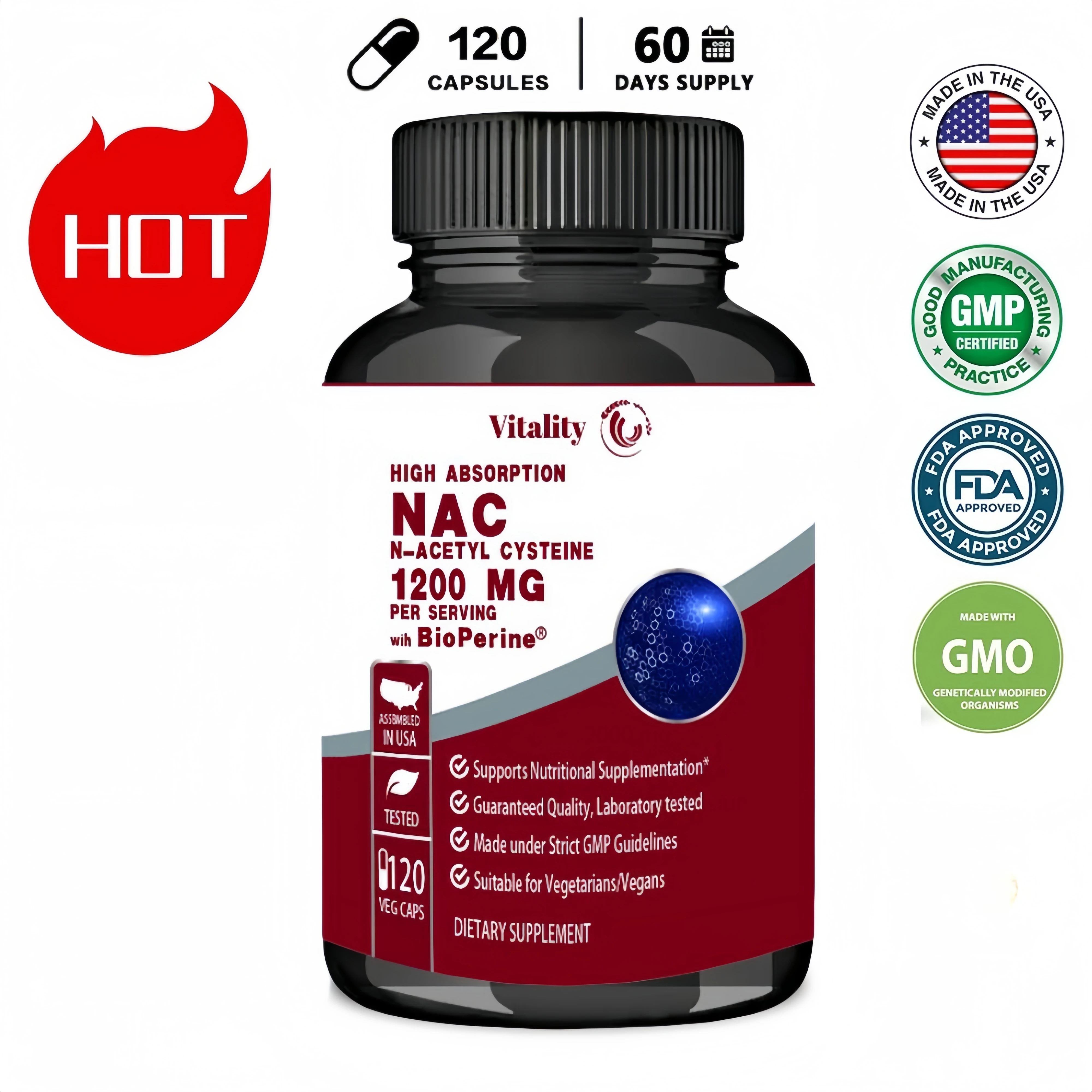 Vitality NAC Supplement N-Acetyl Cysteine Capsules 1200mg Maximum Strength L-Glutathione Potent Antioxidant Support Skin Health