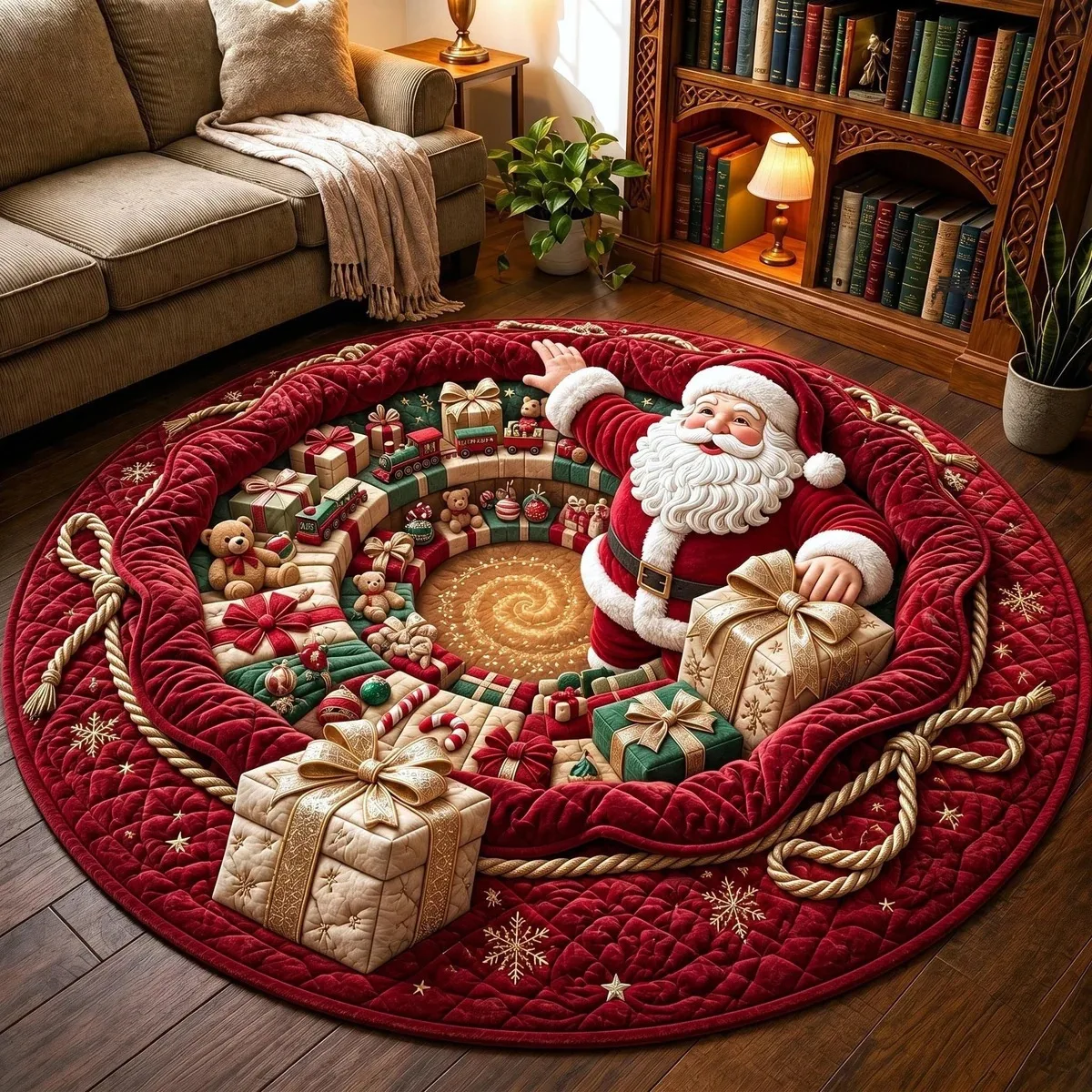 VIKAMA Santa Claus 2D Flat Print Scene Round Rug Soft Flannel Non-Slip Bedroom Bedside Living Room Christmas Carpet Cozy Home