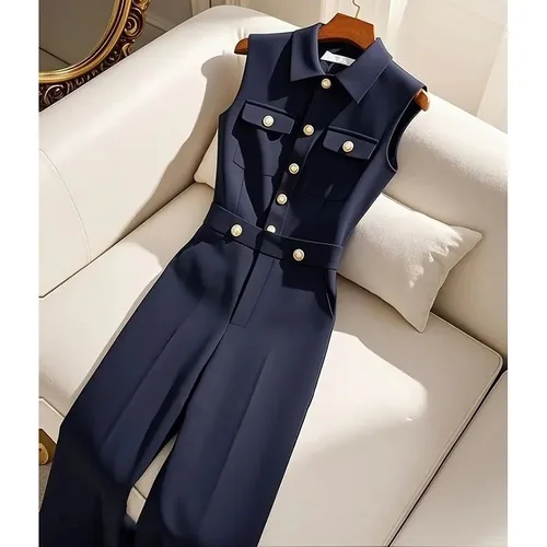 Imagen 2 del producto Nuevo mono único Slackness para mujer, temperamento, sensación avanzada, azul tibetano, ocio Simple, cintura alta, babero para primavera y otoño