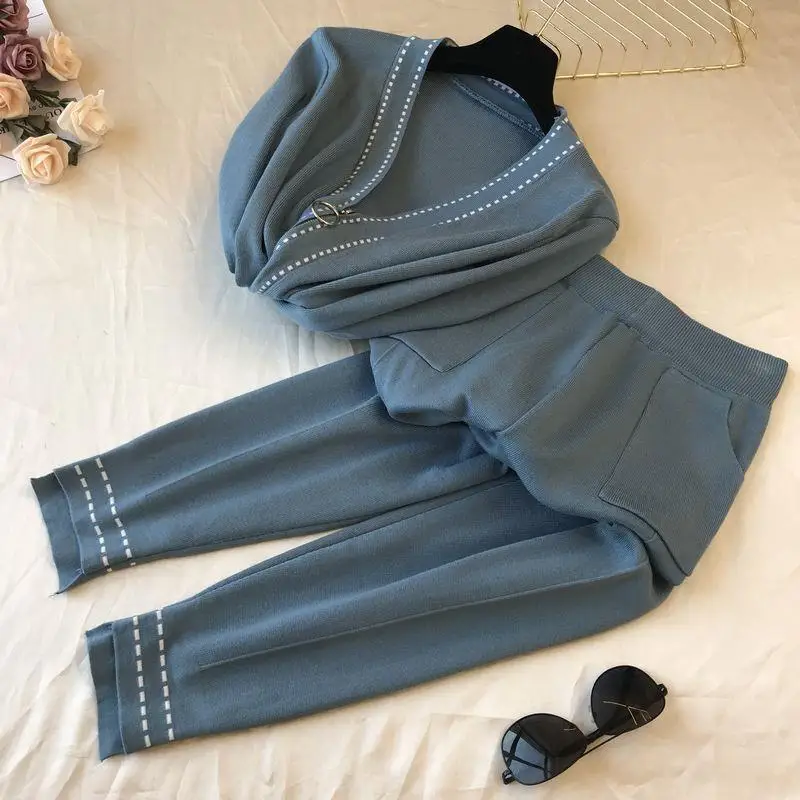 

Female Casual Suit for Women Winter Knitted Set V-neck Sweater Warm Loose Wide Leg Pants Two Piece Streetwear G677