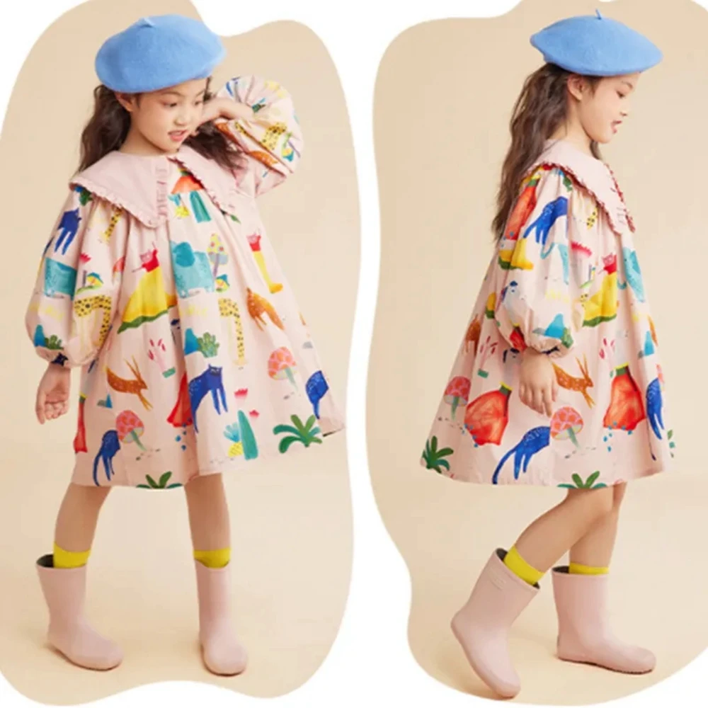 2023 Spring Girls Long Sleeve Dress Toddler Baby Print Cute Dresses for Girls Peter Pan Collar Loose Princess Dress Clothing 6 8