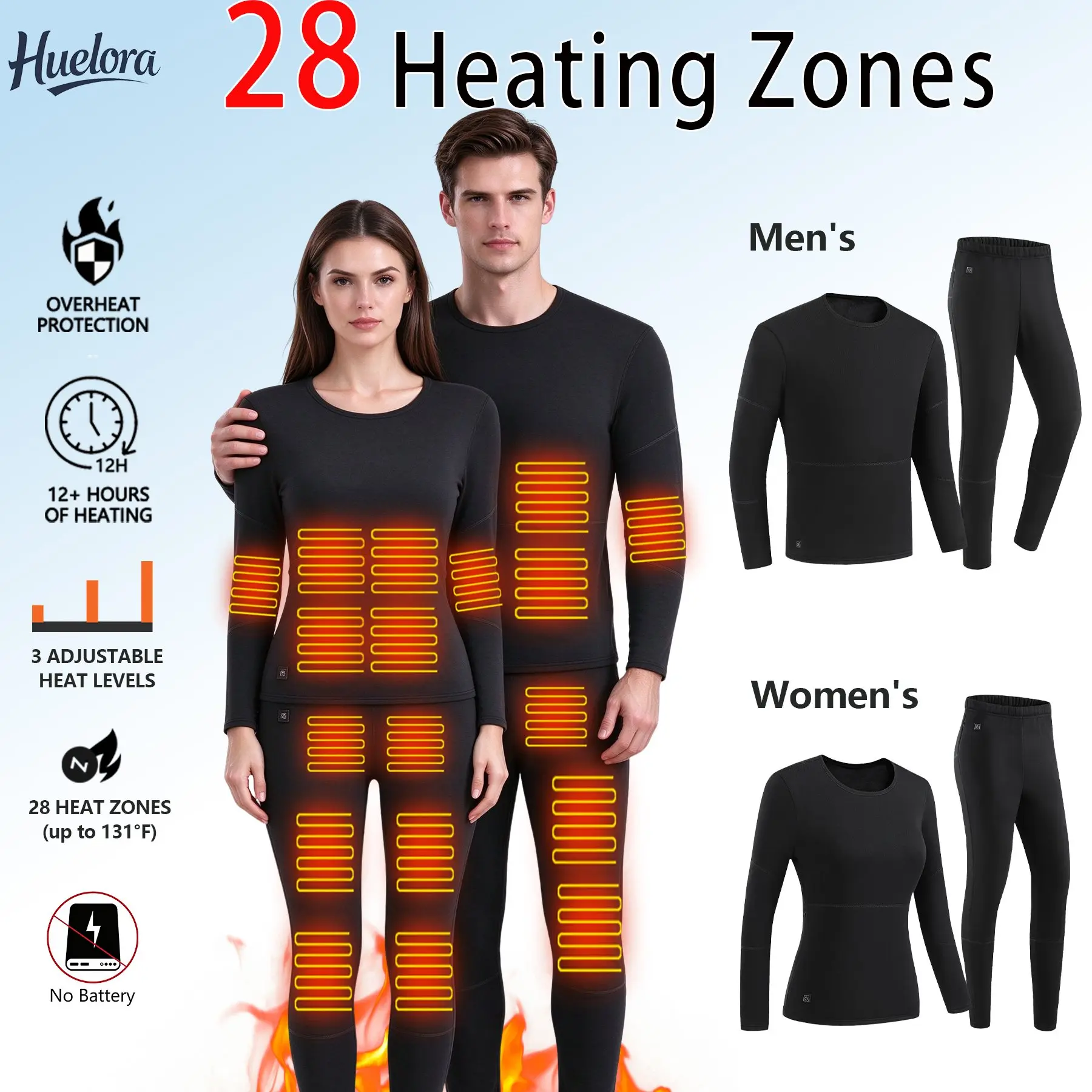 Huelora Black Heated Thermal Underwear Set for Men Women 28 Heating Zones Electric Heated Long Johns 3 Adjustable Temp Winter