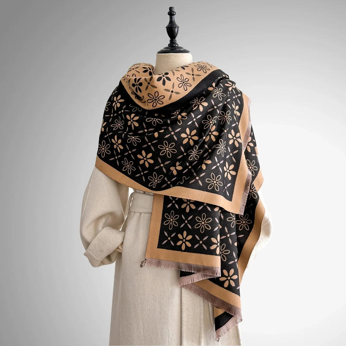 

Elegant Floral Jacquard Pashmina Shawl for Women - Winter Thick Warm Tassel Design Double-Sided Coldproof Windproof Blanket