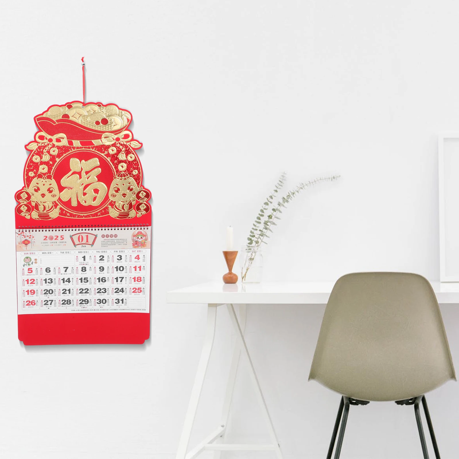 2025 تقويم الحائط الصيني سنة الأفعى الأحمر تنقش لوحة الحظ ديكور معلق شهري السنة القمرية الجديدة مخطط مكتب المنزل
