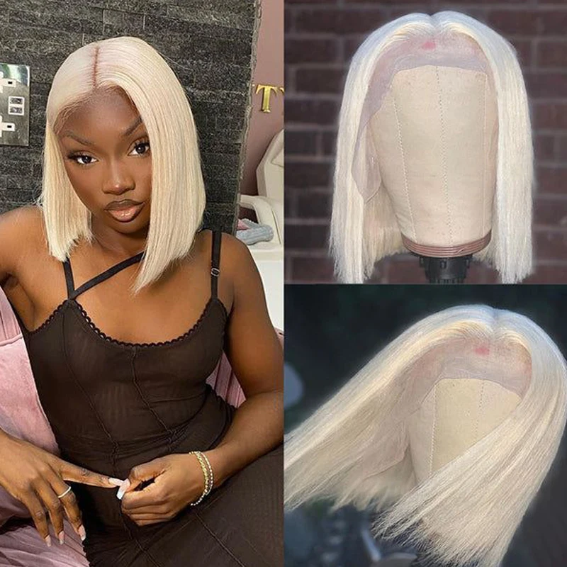 

Platinum Blonde Colored Short Bob Wig Human Hair Wigs T Part Wig 150% White Blonde Straight Bob Wig Lace Part Wig Virgin Hair