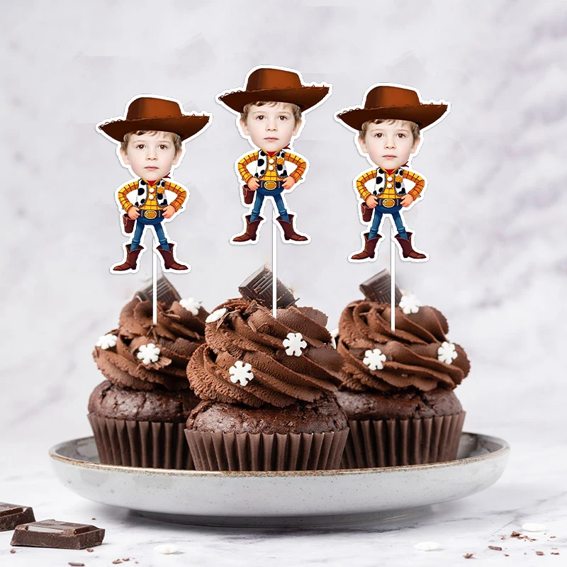 12/24 Stück Personalisierte Foto-Cowboy-Outfit Cupcake-Topper, Lustige Gesichts-Cupcake-Stecker, Western-Themen Geburtstagsparty-Dekoration