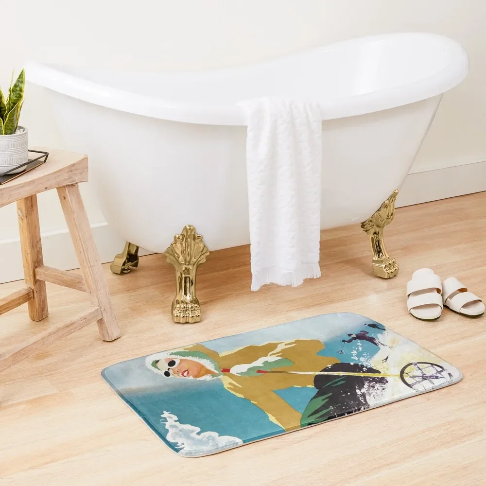 

Vintage ski poster, woman skiing in Quebec Bath Mat Bathroom Carpet Set Set Ofs In The Bathroom Entrance Doormat Mat