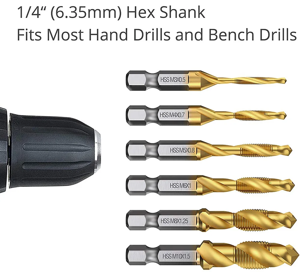 1/6Pcs Tap Drill Bit Set Hex Shank Titanium Plated HSS Screw Thread Bit Screw Machine Compound Tap M3 M4 M5 M6 M8 M10 Hand Tools