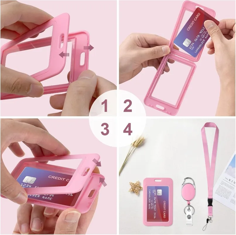 

3pcs/set Double-sided Transparent PP Pink Card Sleeve Card Shell Student Badge Reel with Lanyard Easy To Pull