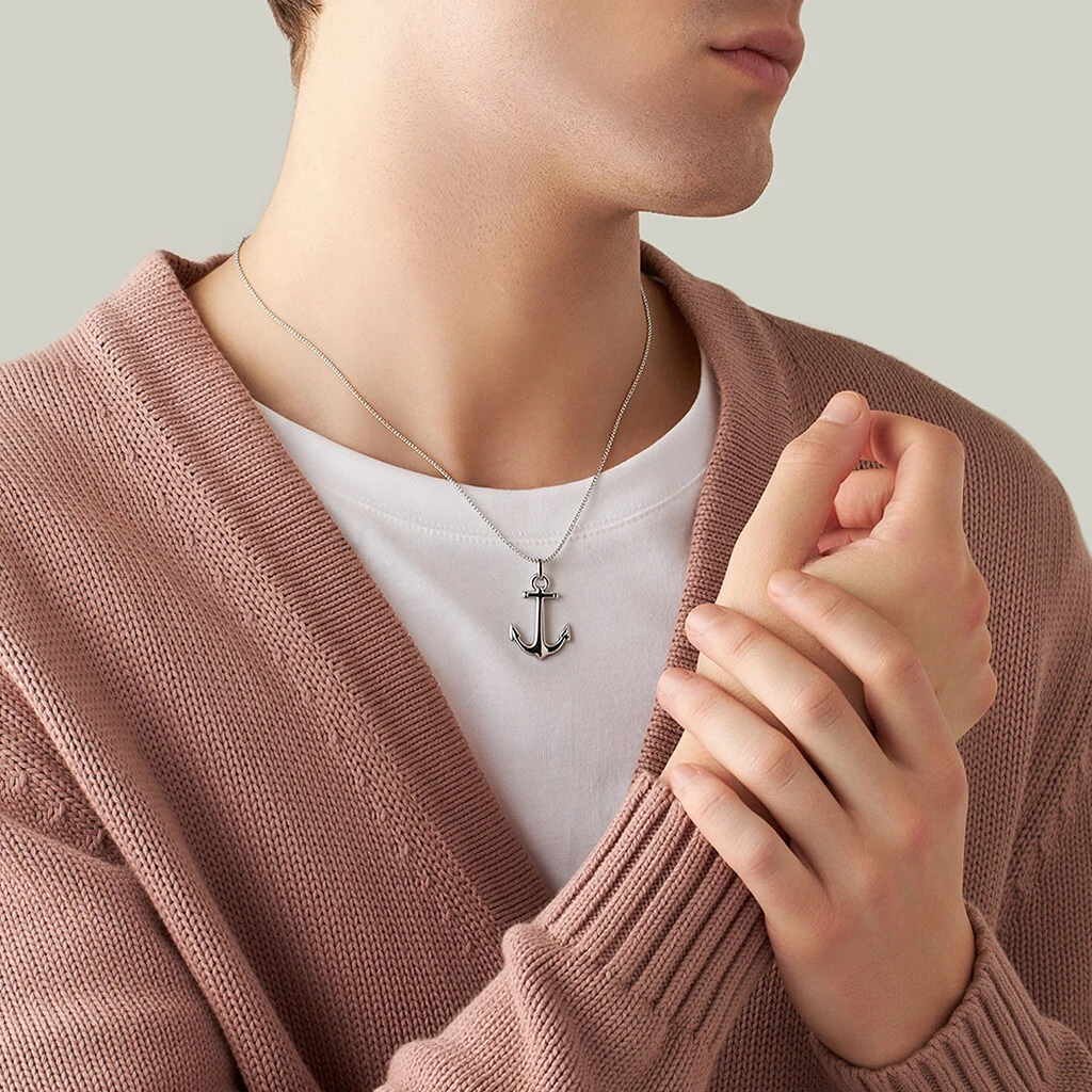 Runda Men's Adjustable Necklace 65cm Stainless Steel Chain Nautical Anchor Pendant Luxury Long Fashion Jewelry