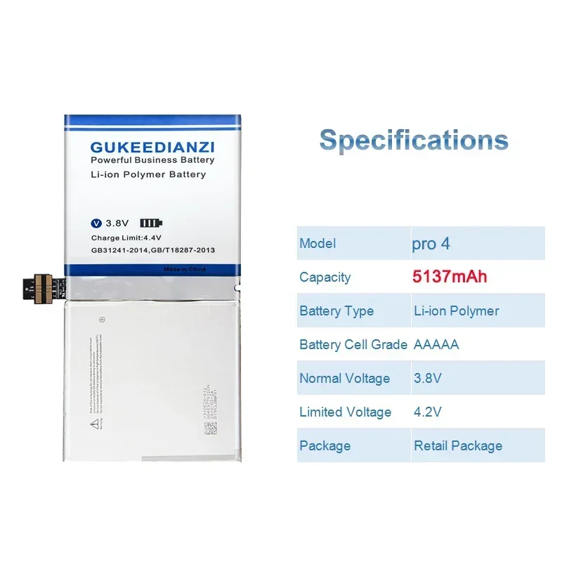 5137mAh GUKEEDIANZI แบตเตอรี่สําหรับ Microsoft Surface Pro 4 1724 12.3 "แท็บเล็ต 7.5V 38.2WH Big Power Bateria