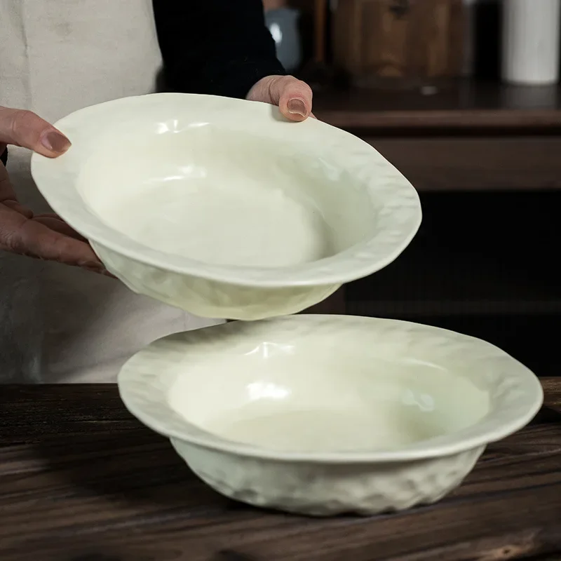 

Hand-squeezed Straw Hat Plate Ceramic Household Dessert Pasta Salad Cute Tableware Large Plate Wholesale