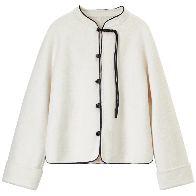 SENTUBILA Woman Luxury Coats 100% Woolen Winter Spliced Stand Neck Single Breasted Outerwears Commute Short Jackets W44O56098