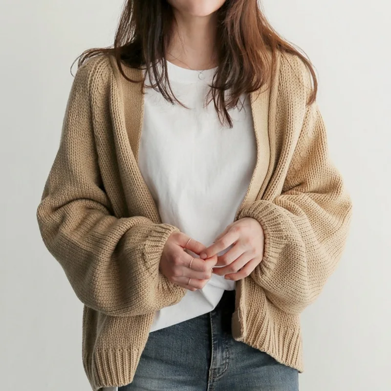 

2025 Autumn Loose V Neck Knitted Cardigan Korean Fashion Casual Office Solid Sweater Jacket Elegant Long Sleeve Sweaters Coats