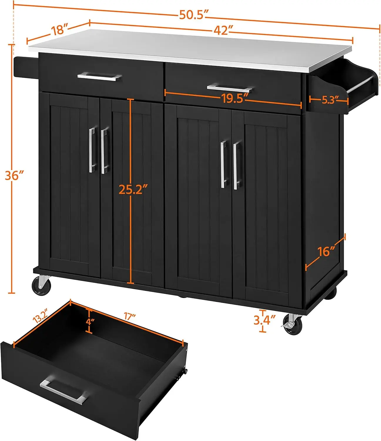 Rolling Kitchen Island con piano in acciaio inossidabile, armadio portaoggetti per carrello da cucina su ruote con 2 cassetti e interno regolabile Shel