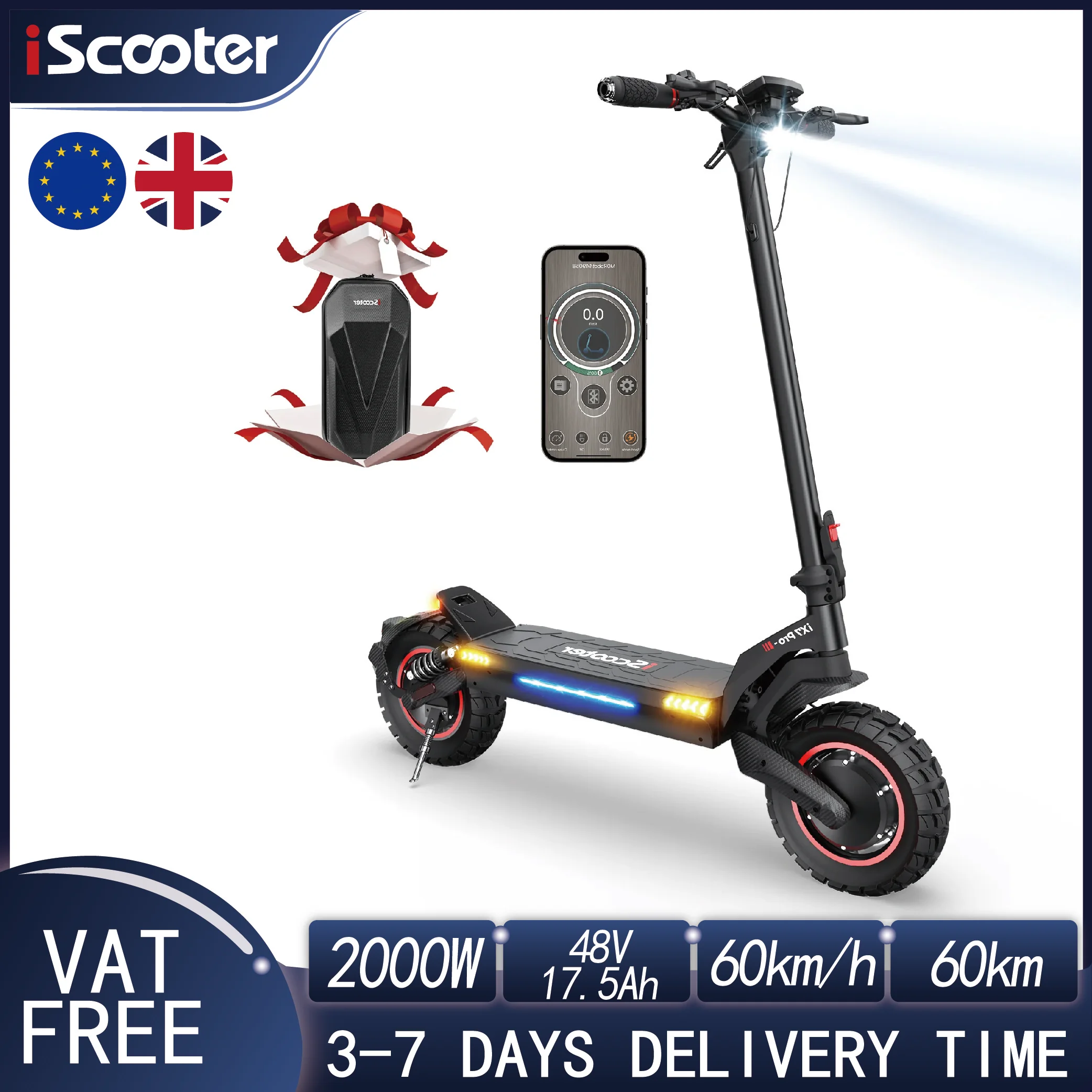 IScooter iX7Pro e-scooter 2000W moteur 48V 17.5Ah batterie 10 pouces 60 KM/H vitesse 50 MILES portée pliable électrique coup de pied APP