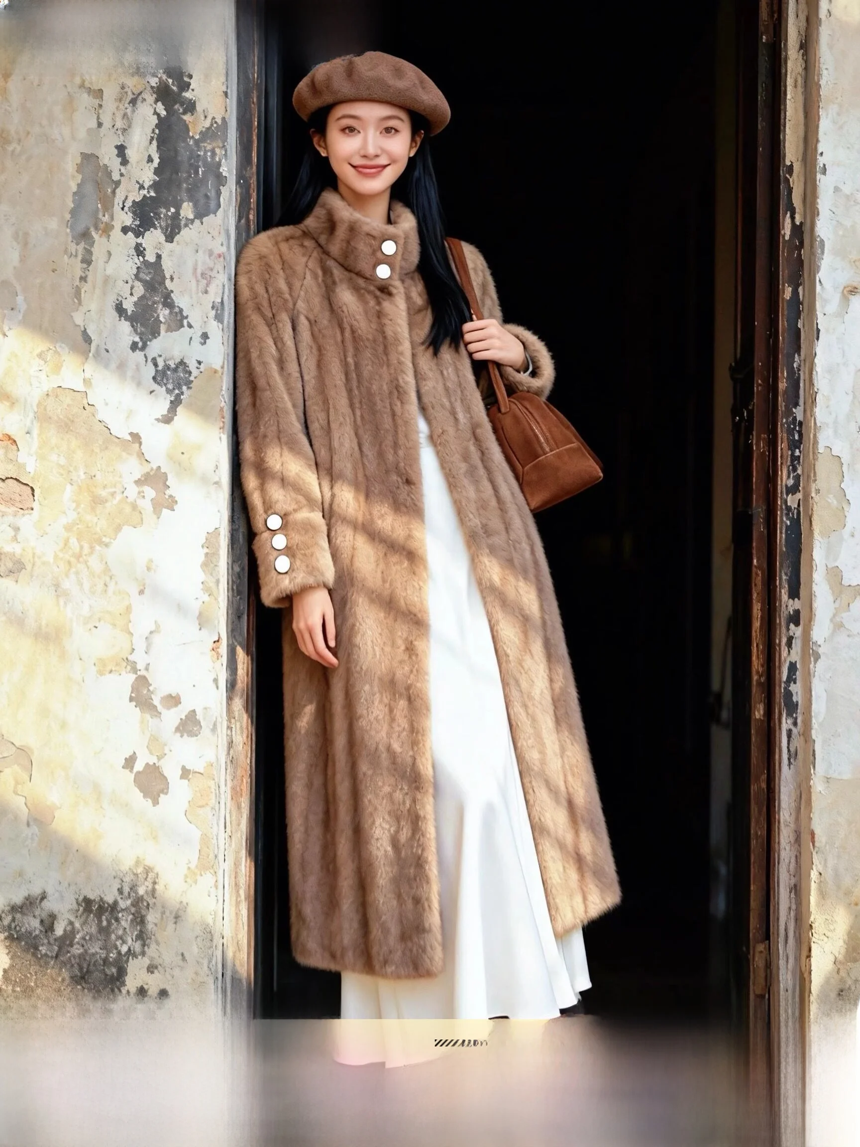 

Eco-Friendly Retro Mink Fur Coat Brown Inteated Skin And Hair Thi Warm Long Zipper Straight Cut for Women in Winter