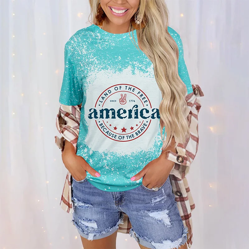 

America Land Of The Free Because Of The Brave Bleached Tie dyed Graphic Tee short sleeve women's casual loose round neck T-shirt