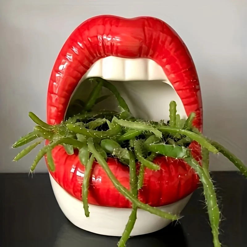 

1pc Creative Red Lips Ceramic Flowerpot, Multifunctional Container, Key Change Bowl, Decoration Flowerpot Container, Interesti