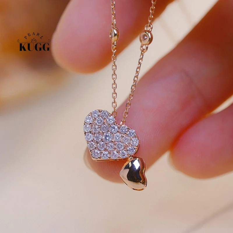 KUGG 100% 18K Rose Gold Necklace Fashion Heart Design 0.33carat Real Natural Diamond Pendant Necklace for Women Birthday Gift