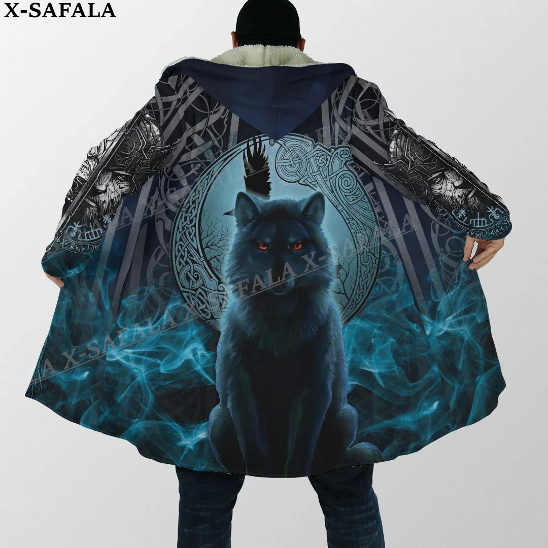 Symbol Tattoo Raven Odin Viking Mythology Thick Warm Hooded Cloak Men Overcoat Coat Windproof Fleece Cape Robe Hooded Blanket-10