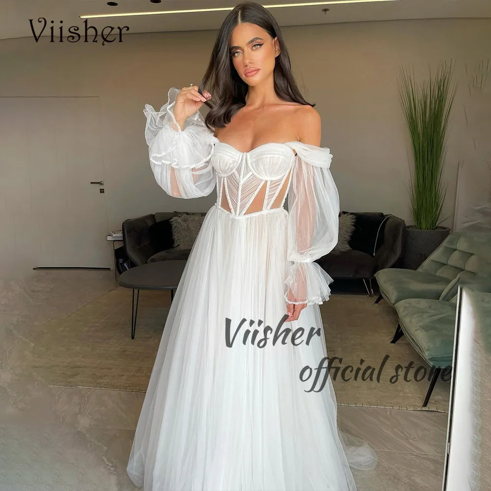 

Viisher White Tulle A Line Wedding Dresses 3/4 Sleeve Bone Corset Sweetheart Boho Bride Dress Long Hohemian Wedding Gowns