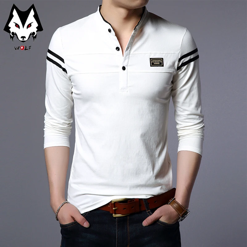 Men\'s Fashion Summer Long Sleeved POLO T-shirt Casual Cotton Breathable Top Stand Up Neck Long Sleeve Korean Comfortable Shirt