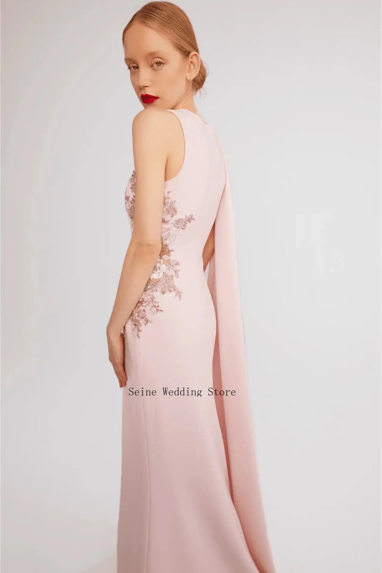 Mermaid Jersey Mother of The Bride Dress Beaded Lace Applique One Shoulder Long Sleeve High Slit Formal Wedding Party Dresses