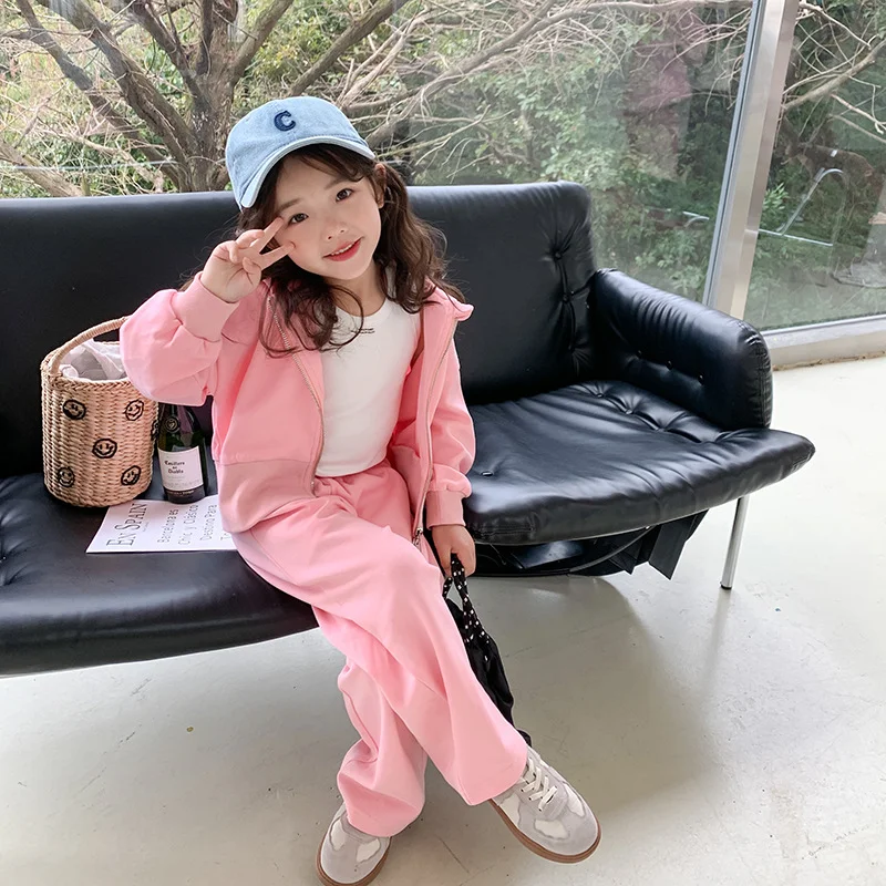 Girls Sportswear 2023 Spring Autumn New Fashionable Baby Solid Color Short Style Hoodie Coat and Casual Pants Two Piece Set