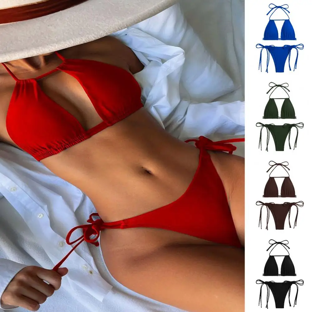 

Summer Beachwear Women's Lace-up Halter Bikini Set with High Waist Swim Briefs Sexy Solid Color Beachwear for Summer Fun