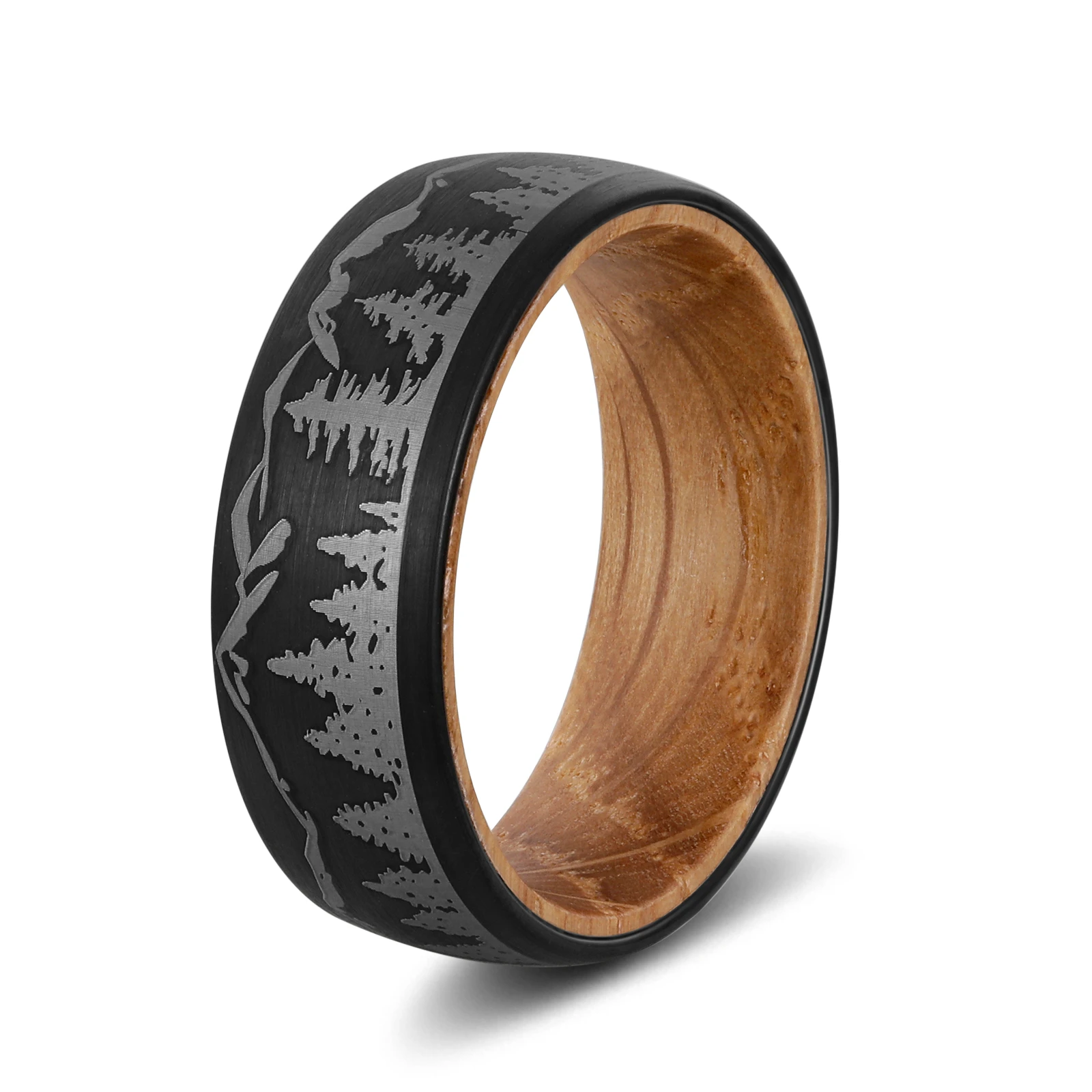 

8mm Customized Rings Tungsten Carbide Hunting Band for Man Engrave Mountains Forest Landscape with Natural Whiskey Barrel Wood