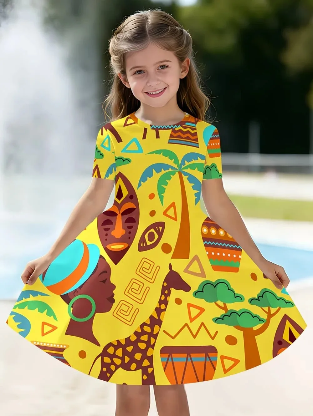 Girl's Dress Vintage Ethnic Print Short Sleeve Dress for Girls Lightweight Summer Casual Wear Holiday Comfortable Girl Clothing