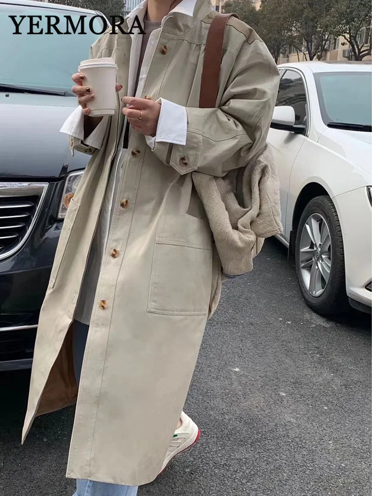 YERMORA Khaki Big Size Pockets Trench Women New Lapel Long Sleeve Loose Fit Windbreaker Fashion Tide Spring Autumn 2024 A16