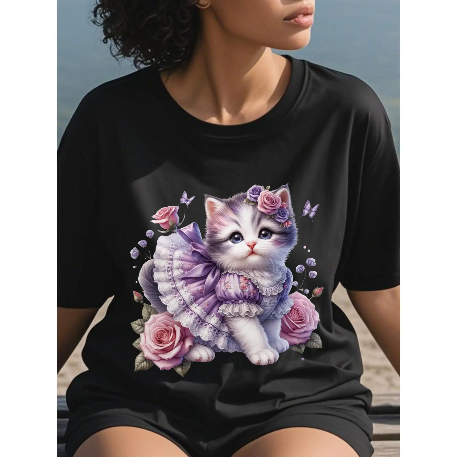 

Kawaii Kitten T-Shirt for Women, Cute Cat in Dress Print Tee, Harajuku Style Anime Oversized Shirt for Cat Lovers Girls Gift