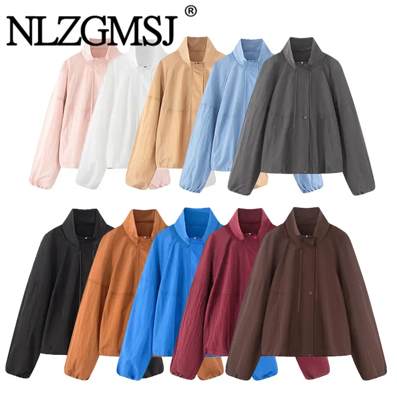 Nlzgmsj 2026  Ladies Solid Color Drawstring Stand Collar Thin Sun Protection Jacket Casual Long Sleeve Loose Short Coat
