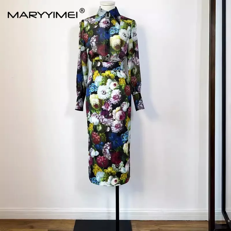 

MARYYIMEI Fashion Women's New Silk Shirt Collar Long-Sleeved Single-Breasted Printed Shirt Top+Hip Wrap Pencil Skirt 2-Piece Set