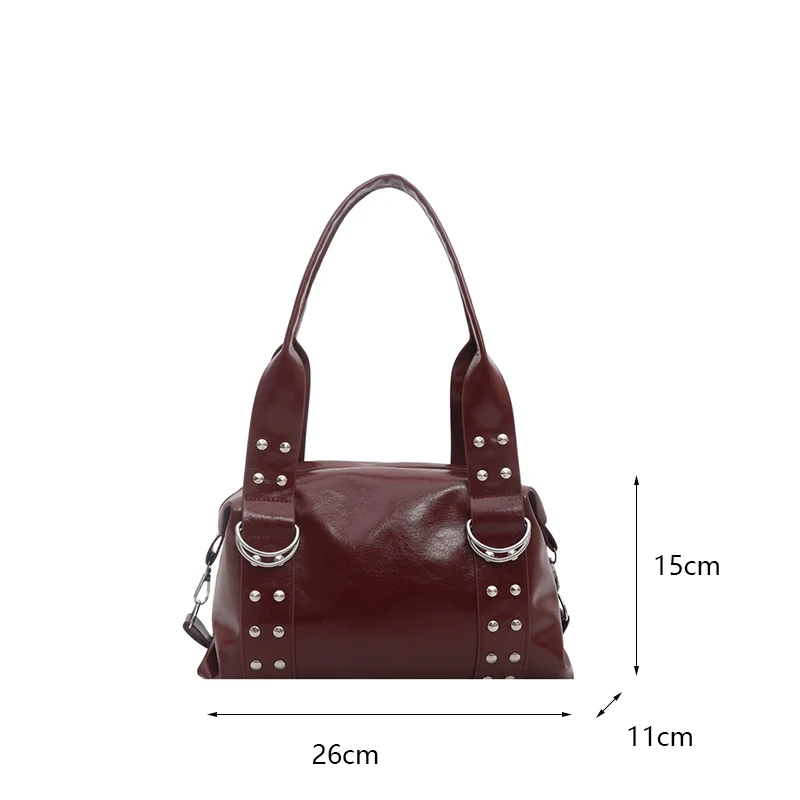 Vintage-Stil PU-Leder Damen Schultertasche Große Kapazität Hochwertige Modische Nieten-Handtasche Y2K Motorradtasche für den täglichen Gebrauch – Detail 29