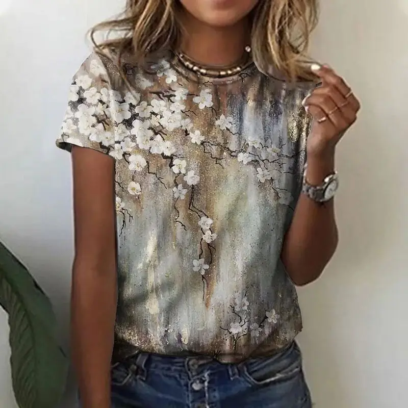 2024 Summer Women\'s T-Shirt Fashion Flower T-Shirt Beautiful Landscape Painting T-Shirt Women\'s Top Printed Oversized Pullover