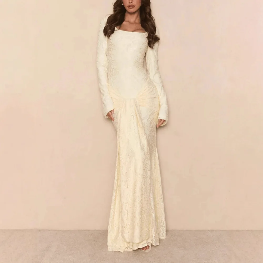 Nouvelle robe à manches longues pour femmes européennes et américaines, tempérament streamer en dentelle, robe longue ajustée pour femmes