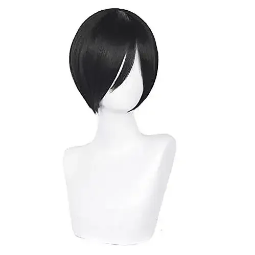 QQXCAIW Mikasa Ada peluca de Cosplay corta recta negra Anime fiesta disfraz de Halloween pelucas sintéticas para mujeres y hombres cabello