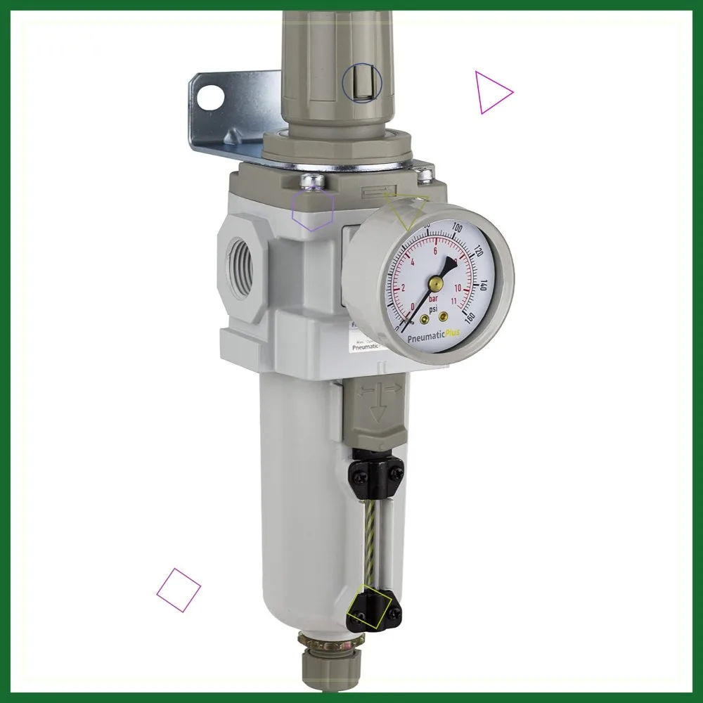 

Compressed Air Filter Regulator Combo 1/2" NPT, Metal Bowl, Manual Drain, Gauge