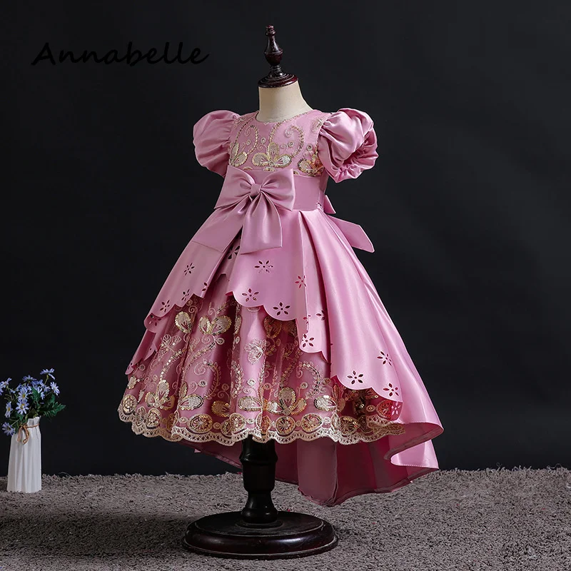 Annabelle Flower Girl Princess Dress Baby Girl Ceremony Birthday Short Sleeved Round Neck For Wedding Party Bridesmaid Dress