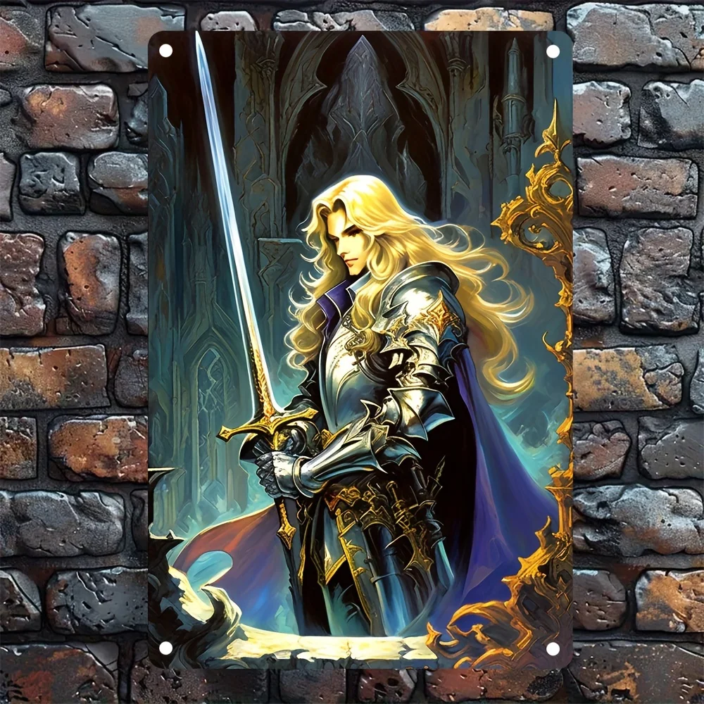 Medieval Iron Metal Tin Sign,  Fantasy Swordplay Wall Art, Regal Armored Figure with Golden Sword and Shield, Home & Office Deco