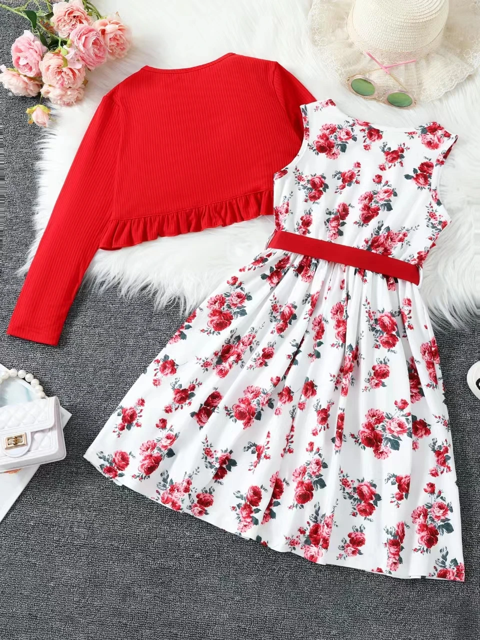 Two-piece little girl print plus small shawl dress with bow ribbon elegant princess dress for the party holiday wear easy to tak