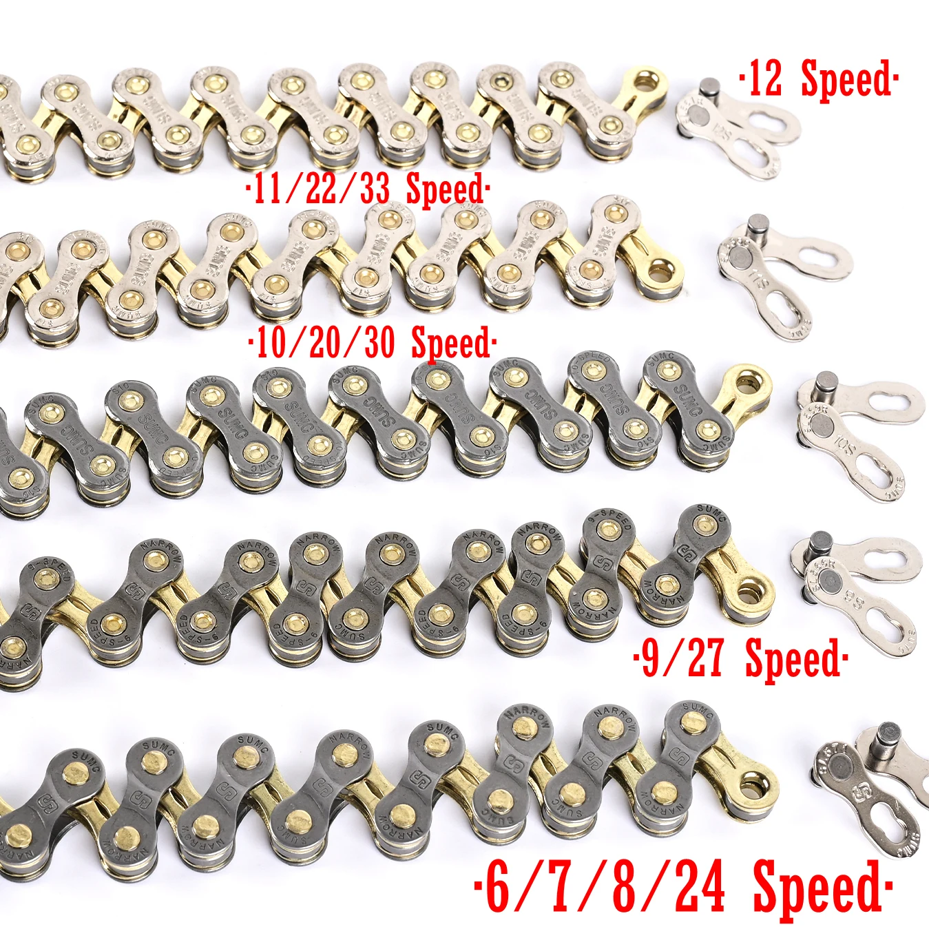 NEW SUMC Mountain Road Bicycle Shifting Chain 8 9 10 11 12 Speed Hollow Ultra Light Gold Chain 251g with Missinglink M8000 M6000