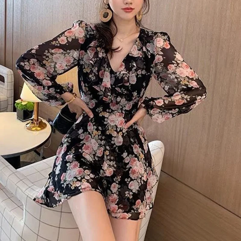 2024 New Spring Summer Sweet Printing V-neck Long Sleeve Floral Dress Femme Cute Ruffles Chiffon Mini Dress Women Clothing Slim