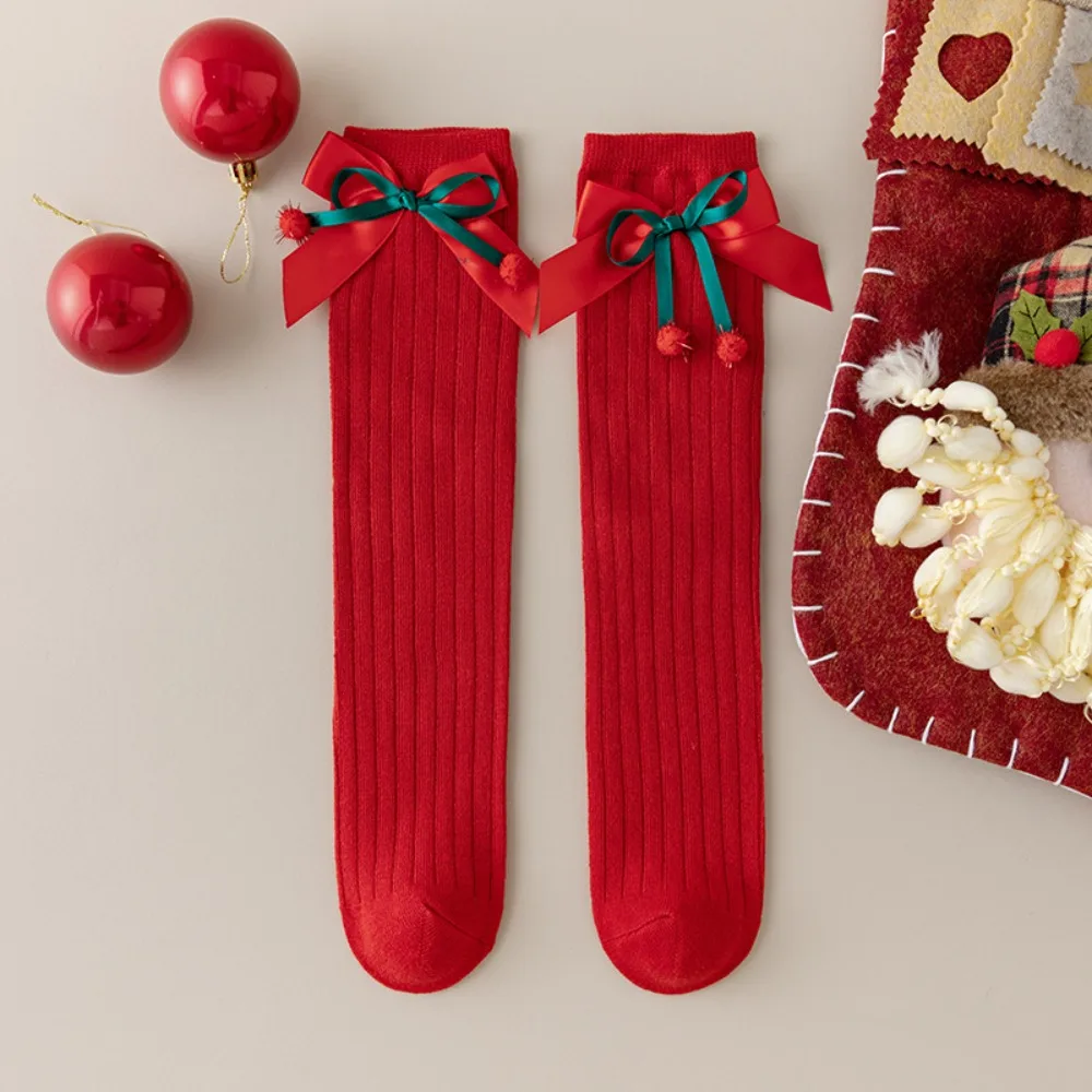 Warm Middle Tube New Year Red Socks Cotton Green Bow Hosiery for Kids Sweet Princess Children Long Socks Home Socks