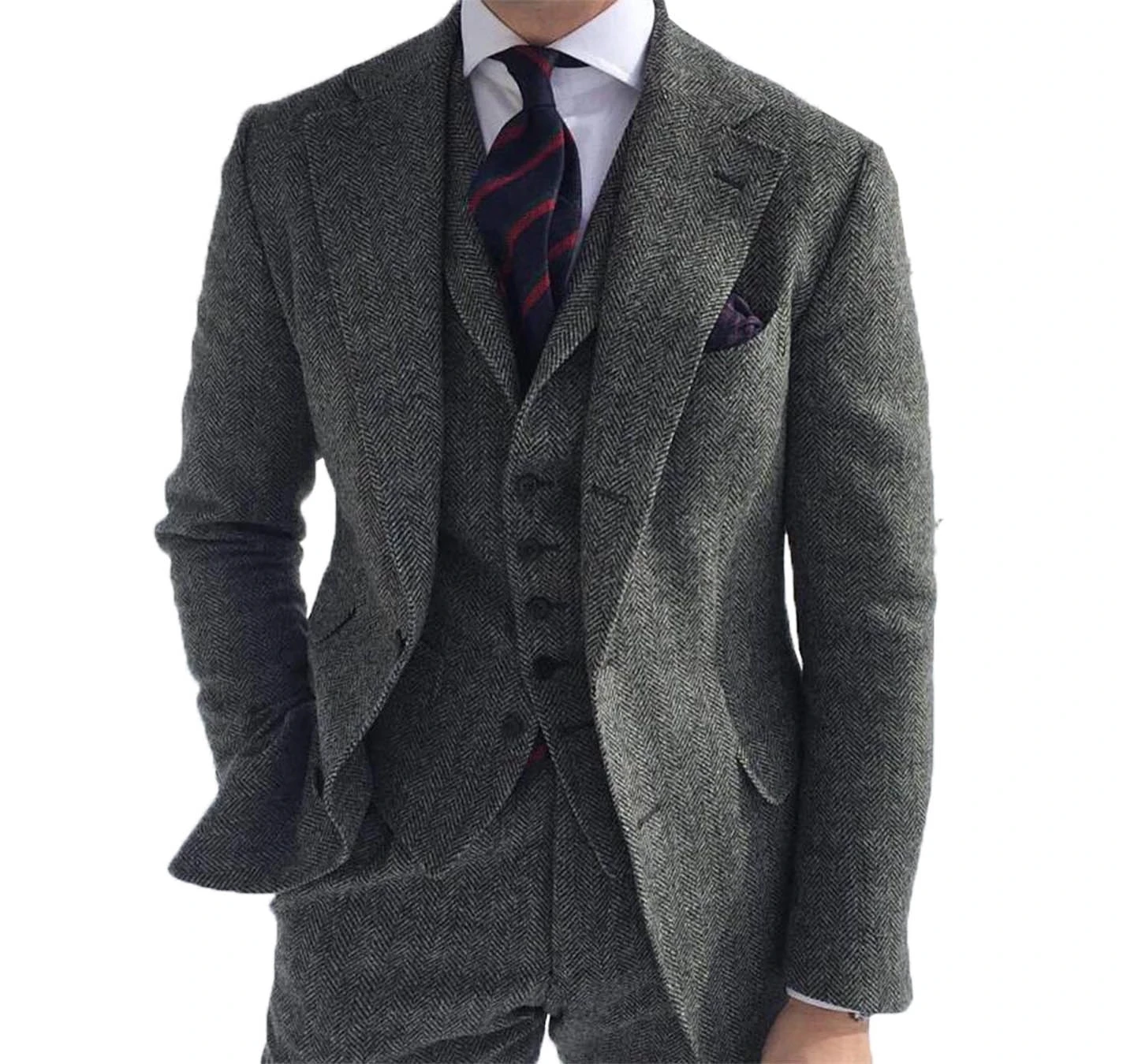 Men‘s Suits 3 Pieces Green Wool Tweed Herringbone Business Retro Classic Pattern Tuxedos For Wedding Blazer Pants Vest